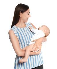 Poster - Portrait of happy mother with her baby isolated on white