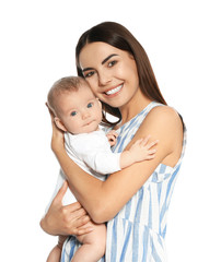 Poster - Portrait of happy mother with her baby isolated on white