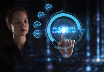 The concept of business, technology, the Internet and the network. A young entrepreneur working on a virtual screen of the future and sees the inscription: Continuous improvement