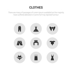 Wall Mural - 9 round vector icons such as chemise, camisole, bra & knicker, baby grow, ushanka contains swim shorts, butterfly tie, vintage dress, baby clothes. chemise, camisole, icon3_, gray clothes icons