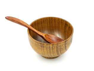 Empty wooden cups (plates) with spoons on white background