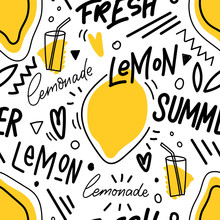 Seamless Pattern With Lemon And Lemonade And Lettering For Print, Textile. Seasonal Summer Background With Fresh Drink.