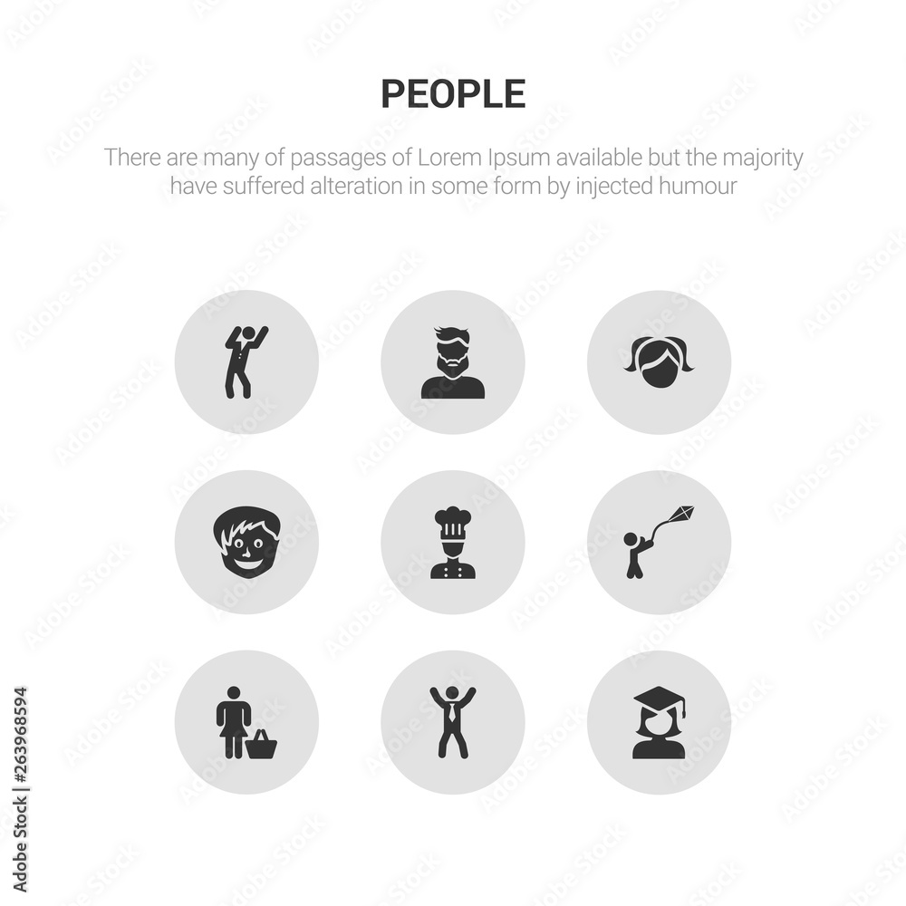 9 round vector icons such as graduated, happy man, housewife shopping, kid flying kite, kitchen chef contains little boy face, little girl face, male user manager face, man dancing. graduated, happy