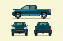 Pickup Truck Isolated. Pickup Truck With Side View, Back View And Front View. Vector Flat Style Illustration