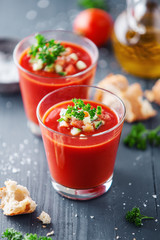 Poster - Tasty summer tomato soup served in glass