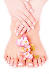  Relaxing pink manicure and pedicure with a orchid flower