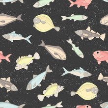 Vector Colored Seamless Pattern Of Fish Isolated On Black Textured Background. Colorful Repeating Background With Halibut, Rock-fish, Mackerel, Herring, Flatfish. Underwater Vintage Illustration