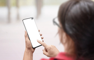 Poster - Woman holding smart phone with isolated, blank screen for mockup and touch screen. App design promotion concept.