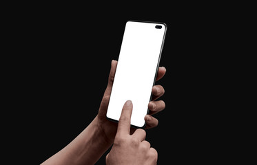 Poster - Woman hand touch isolated screen on modern smart phone with camera under display. Low light scene for app promotion.