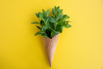 Ice cream cone with fresh mint in the center of the yellow background.Top view.Copy space.