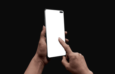 Poster - Smart phone mockup. Modern phone with round edges on low light. Woman hands holding and touch isolated screen for app promotion.