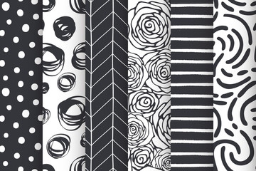 Wall Mural - Abstract hand drawn geometric simple minimalistic seamless patterns set. Polka dot, stripes, waves, random symbols textures. Vector illustration