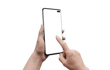 Poster - Woman hold smart phone and touch screen. Isolated screen and background. Modern smart phone with camera built in display. Mockup.