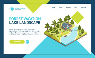 Poster - house forest lake concept landing web page template 3d isometric view. vector