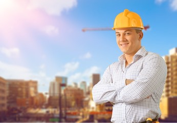 Wall Mural - Male worker with tool belt isolated on white  background