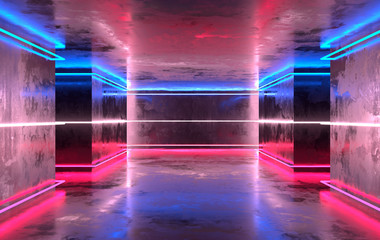 Wall Mural - Futuristic sci-fi concrete room with glowing neon. Virtual reality portal, vibrant colors, laser energy source. Blue and pink neon lights