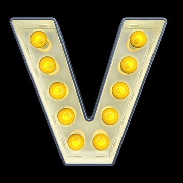 Light bulb letter V, retro glowing font. 3D rendering