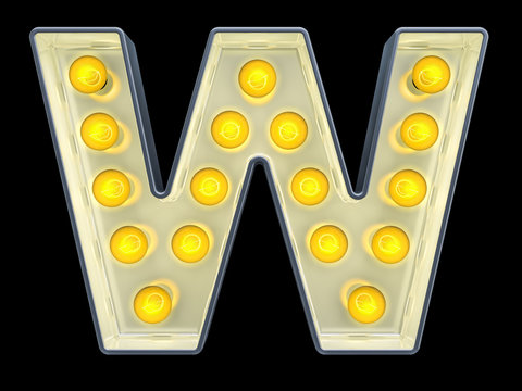 Light bulb letter W, retro glowing font. 3D rendering