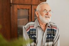 Positive Senior Grandfather With Grey Hair And Beard Sitting At Home