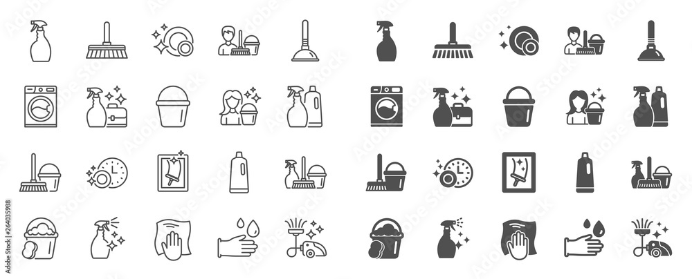 Cleaning line icons. Laundry, Window sponge and Vacuum cleaner icons. Washing machine, Housekeeping service and Maid cleaner equipment. Window cleaning, Wipe off, laundry washing machine. Vector - obrazy, fototapety, plakaty 