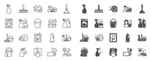 Cleaning Line Icons. Laundry, Window Sponge And Vacuum Cleaner Icons. Washing Machine, Housekeeping Service And Maid Cleaner Equipment. Window Cleaning, Wipe Off, Laundry Washing Machine. Vector
