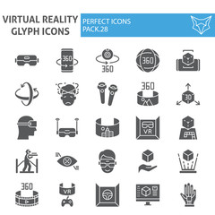 Poster - Virtual reality glyph icon set, augmented reality symbols collection, vector sketches, logo illustrations, game simulation signs solid pictograms package isolated on white background.