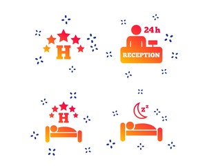 Wall Mural - Five stars hotel icons. Travel rest place symbols. Human sleep in bed sign. Hotel 24 hours registration or reception. Random dynamic shapes. Gradient hotel icon. Vector