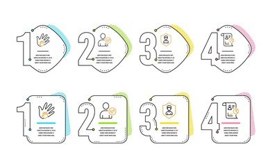 Poster - identity confirmed, security agency and social responsibility icons simple set. report sign. person 