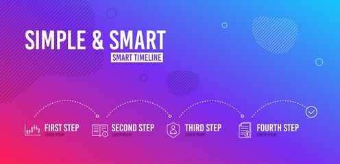 Poster - Infographic timeline. Candlestick graph, Technical info and Security icons simple set. Financial documents sign. Finance chart, Documentation, Private protection. Check docs. 4 steps layout. Vector