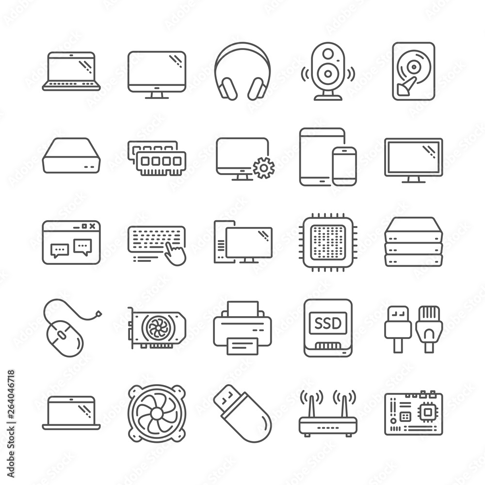 Laptop, SSD, Computer components line icons. Motherboard, CPU, Internet ...