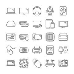 Poster - Laptop, SSD, Computer components line icons. Motherboard, CPU, Internet cables icons. Wifi router, computer monitor, Graphic card. Keyboard, SSD device. Internet cables, laptop components. Vector