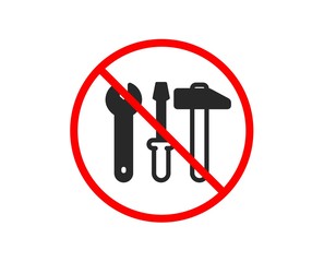 No or Stop. Spanner, hammer and screwdriver icon. Repair service sign. Fix instruments symbol. Prohibited ban stop symbol. No spanner tool icon. Vector