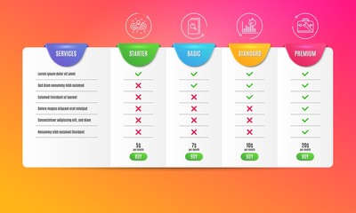 Poster - Report timer, Search files and Recruitment icons simple set. Comparison table. Tool case sign. Growth chart, Magnifying glass, Manager change. Repair service. Technology set. Pricing plan. Vector