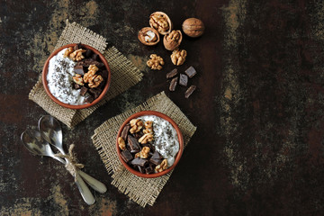 Keto breakfast or dessert. White yogurt with chia, walnuts and dark chocolate. Useful energy food. Eco food. Superfoods