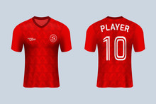 3D Realistic Mock Up Of Front And Back Of Red Soccer Jersey T-shirt . Concept For Football Team Uniform Or Apparel Mockup Template In Design Vector Illustration