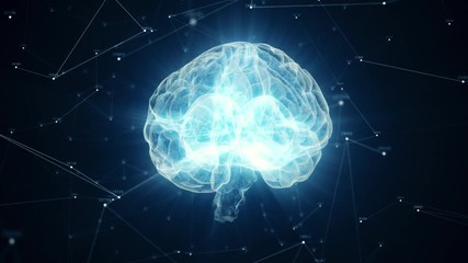 Poster - the human brain rotates formed of luminous particles. plexus structure revolving around. seamless lo