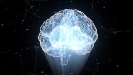 Poster - the human brain rotates formed of luminous particles. plexus structure revolving around. seamless lo
