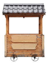 Wooden Market Stand Stall With Metal Brown Awning On Wheels 