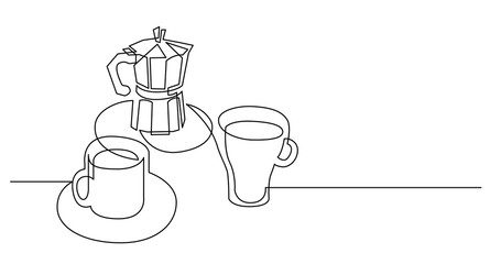 continuous line drawing of coffee pot with two cups of coffee on table top