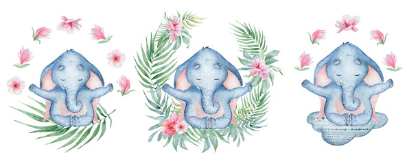  Watercolor yoga elephant in lotus position with flowers on the cloud cute hand drawn illustration