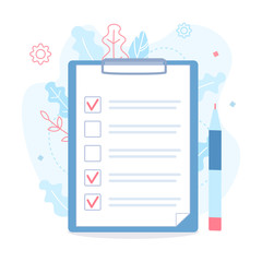 Fototapete - The checklist on a clipboard paper and pen. Time management concept. Flat vector illustration.