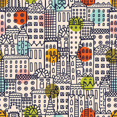 Home sweet home. Cute seamless pattern with houses. Town.