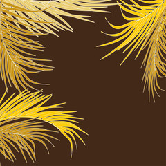  Vector background with decorative palm leaves in tropics on dark background. Bright fashionable golden luxurious colors. For decoration of background invitations, posters, cards, souvenirs.