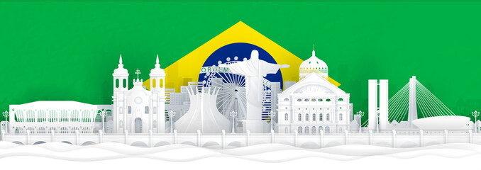 Wall Mural - Brazil flag and famous landmarks in paper cut style vector illustration