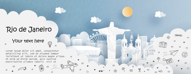 Fototapete - Tour and travel advertising template with travel to Rio de Janeiro, Brazil with famous landmarks in paper cut style vector illustration 