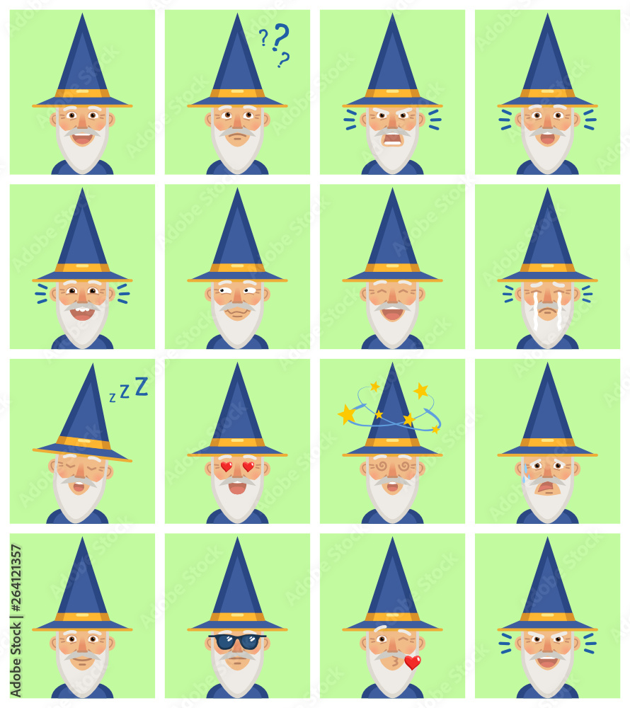 Wizard Emotes Big set of wizard emoticons. Magician avatars showing different facial ...