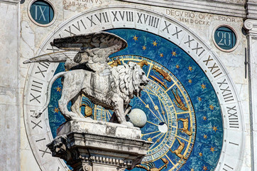 Padova, Italy, historical center, clock tower detail with venetian lion