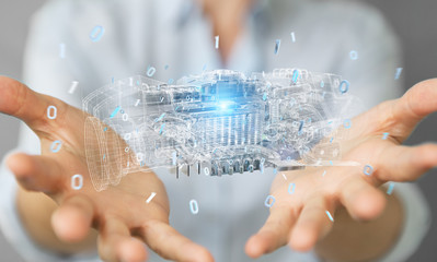 Poster - businesswoman using wireframe holographic 3d digital projection of an engine