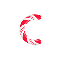 Poster - Cane letter C. Candy font elment. Sweet candy, lollipop latin letters. White letter with red stripes. Circus and clown monogram and poster template. Typography design.