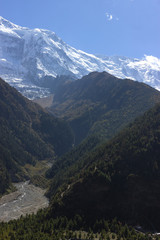  colossal snowy peaks peeking out from behind the hills covered with trees. annapurna travel